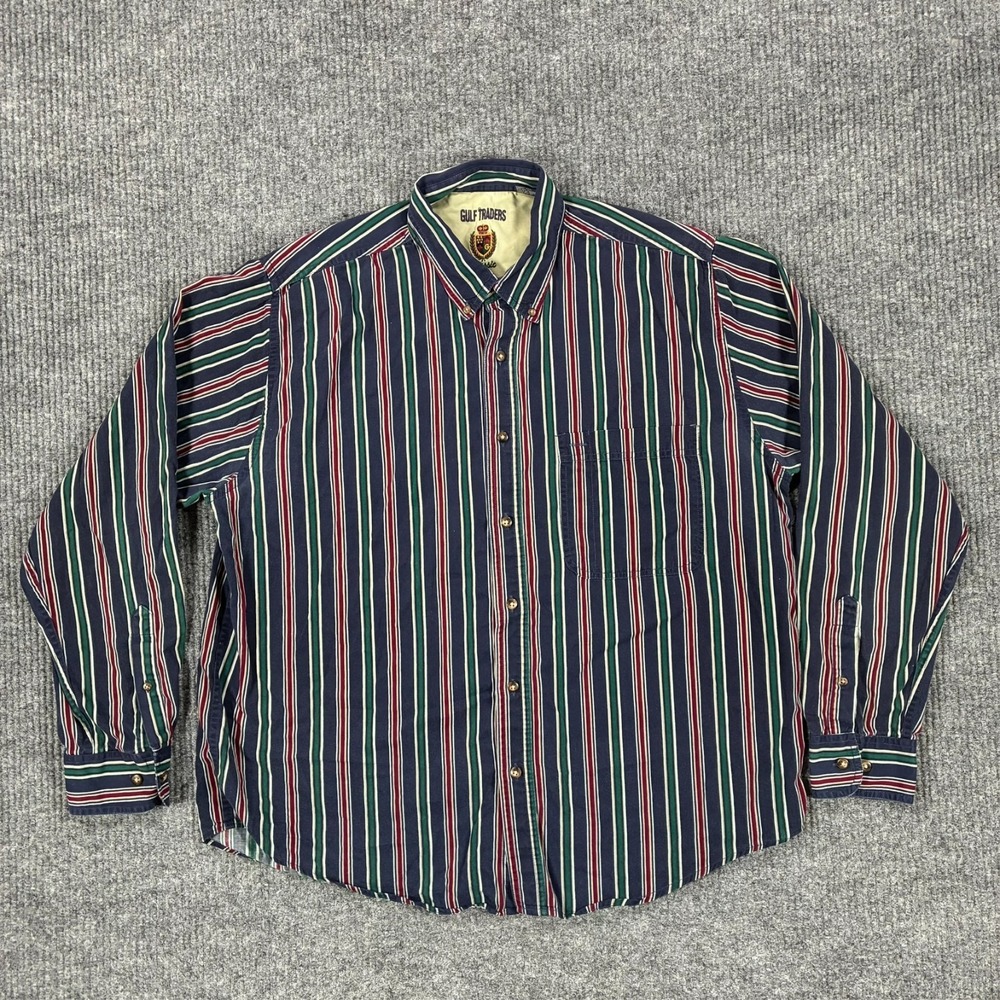 Vintage Gulf Traders Classic Shirt Mens L Blue Striped Button Front Preppy 90s